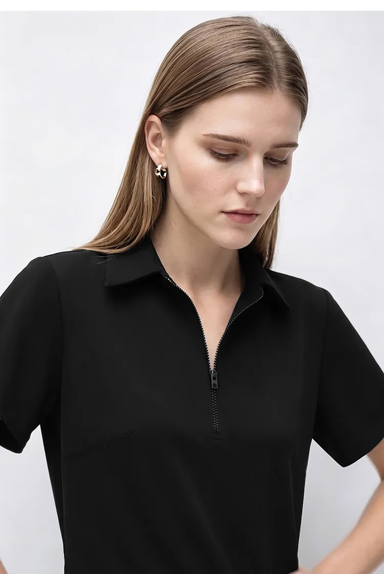 Amii Women's Casual Dresses 2026 Summer New Lapel Zip Half Placket Fitted Waist Office Short Sleeve Midi Dress Women 12642146