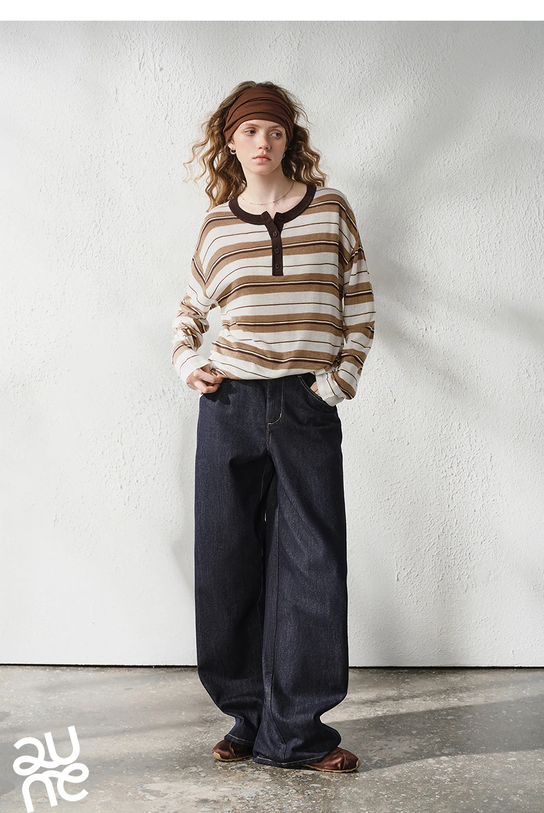 TOYOUTH Women's Linen Knit Top 2026 Autumn New Breathable Cloud Like Striped Intellectual Blouse