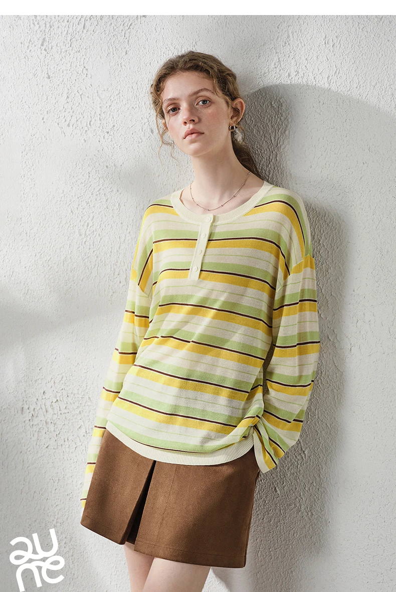 TOYOUTH Women's Linen Knit Top 2026 Autumn New Breathable Cloud Like Striped Intellectual Blouse