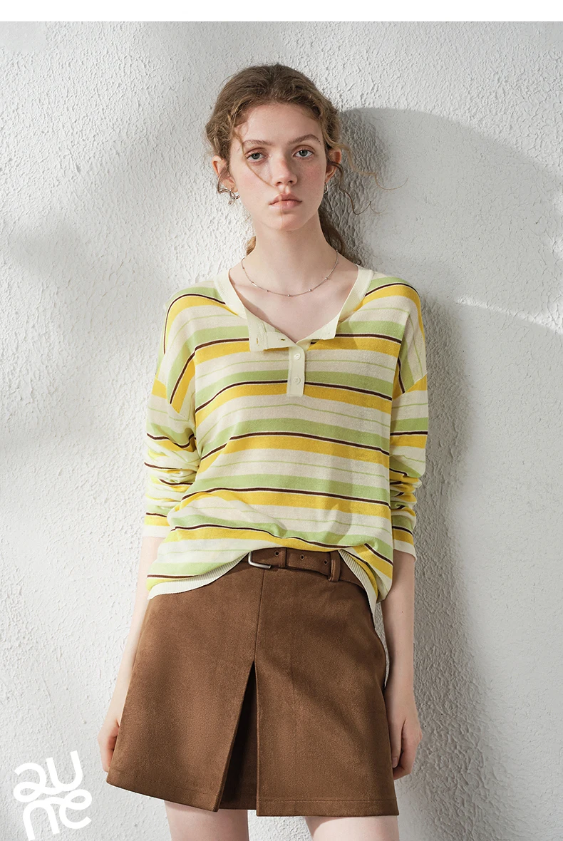 TOYOUTH Women's Linen Knit Top 2026 Autumn New Breathable Cloud Like Striped Intellectual Blouse