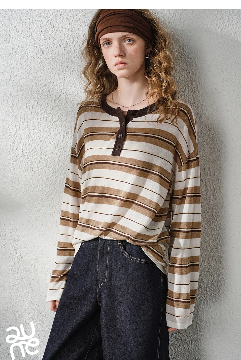 TOYOUTH Women's Linen Knit Top 2026 Autumn New Breathable Cloud Like Striped Intellectual Blouse