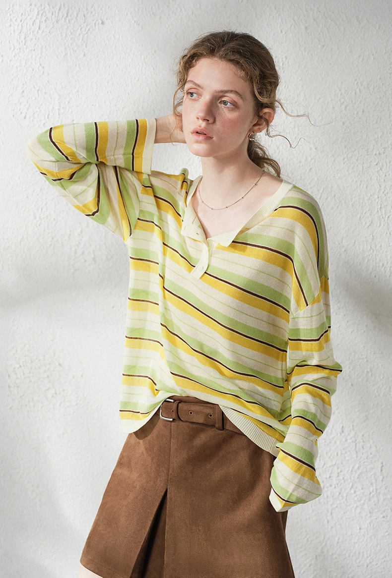 TOYOUTH Women's Linen Knit Top 2026 Autumn New Breathable Cloud Like Striped Intellectual Blouse