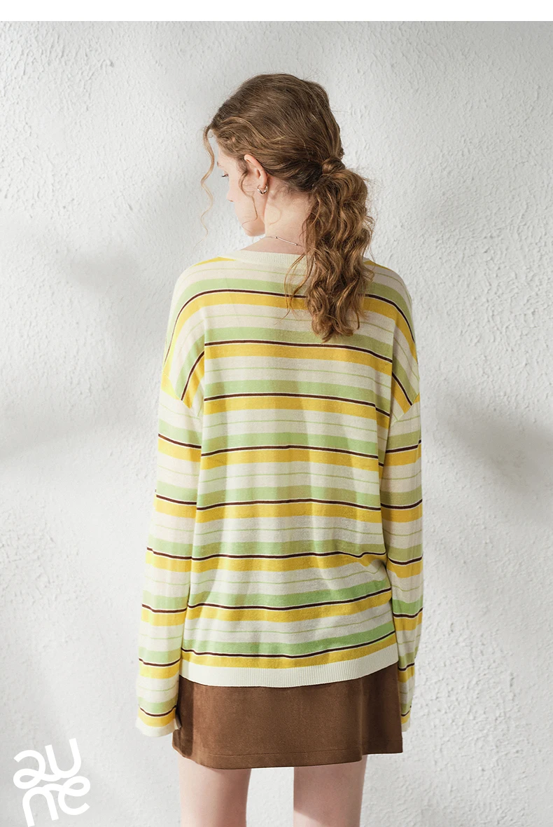TOYOUTH Women's Linen Knit Top 2026 Autumn New Breathable Cloud Like Striped Intellectual Blouse
