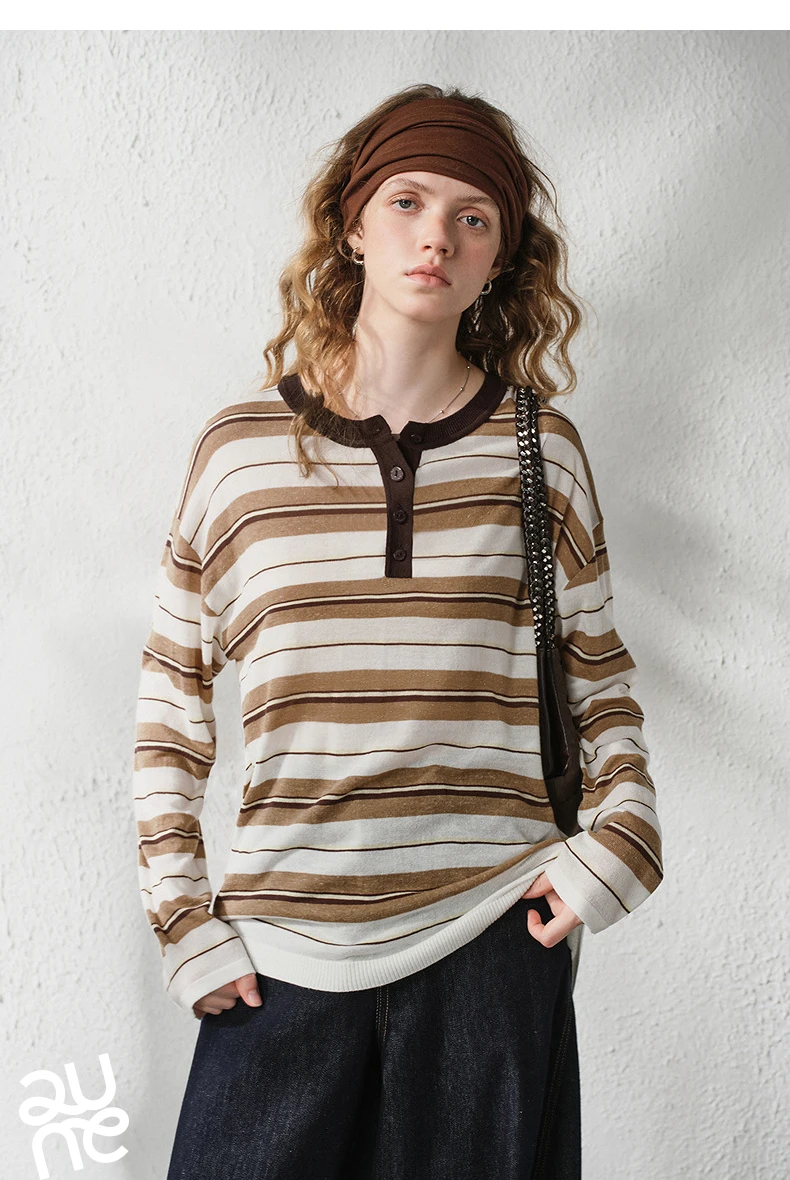 TOYOUTH Women's Linen Knit Top 2026 Autumn New Breathable Cloud Like Striped Intellectual Blouse