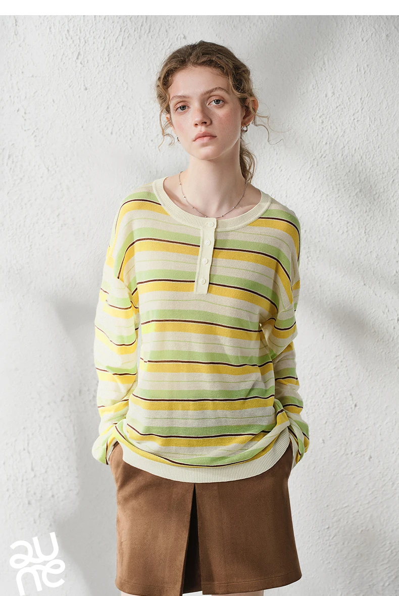 TOYOUTH Women's Linen Knit Top 2026 Autumn New Breathable Cloud Like Striped Intellectual Blouse