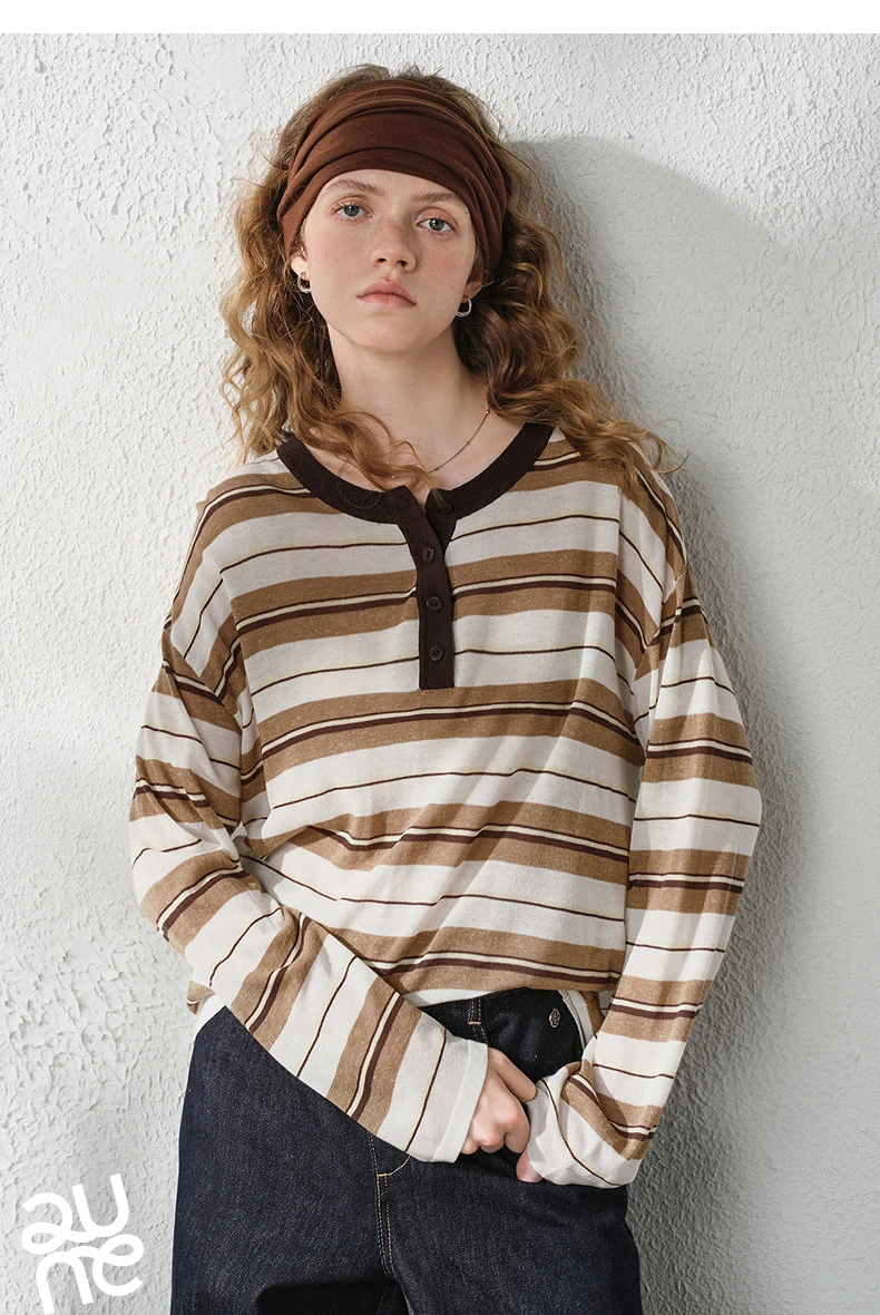 TOYOUTH Women's Linen Knit Top 2026 Autumn New Breathable Cloud Like Striped Intellectual Blouse
