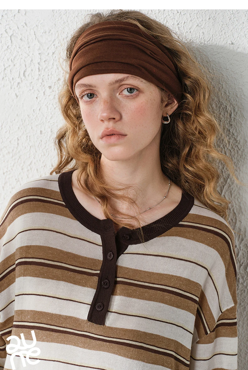 TOYOUTH Women's Linen Knit Top 2026 Autumn New Breathable Cloud Like Striped Intellectual Blouse