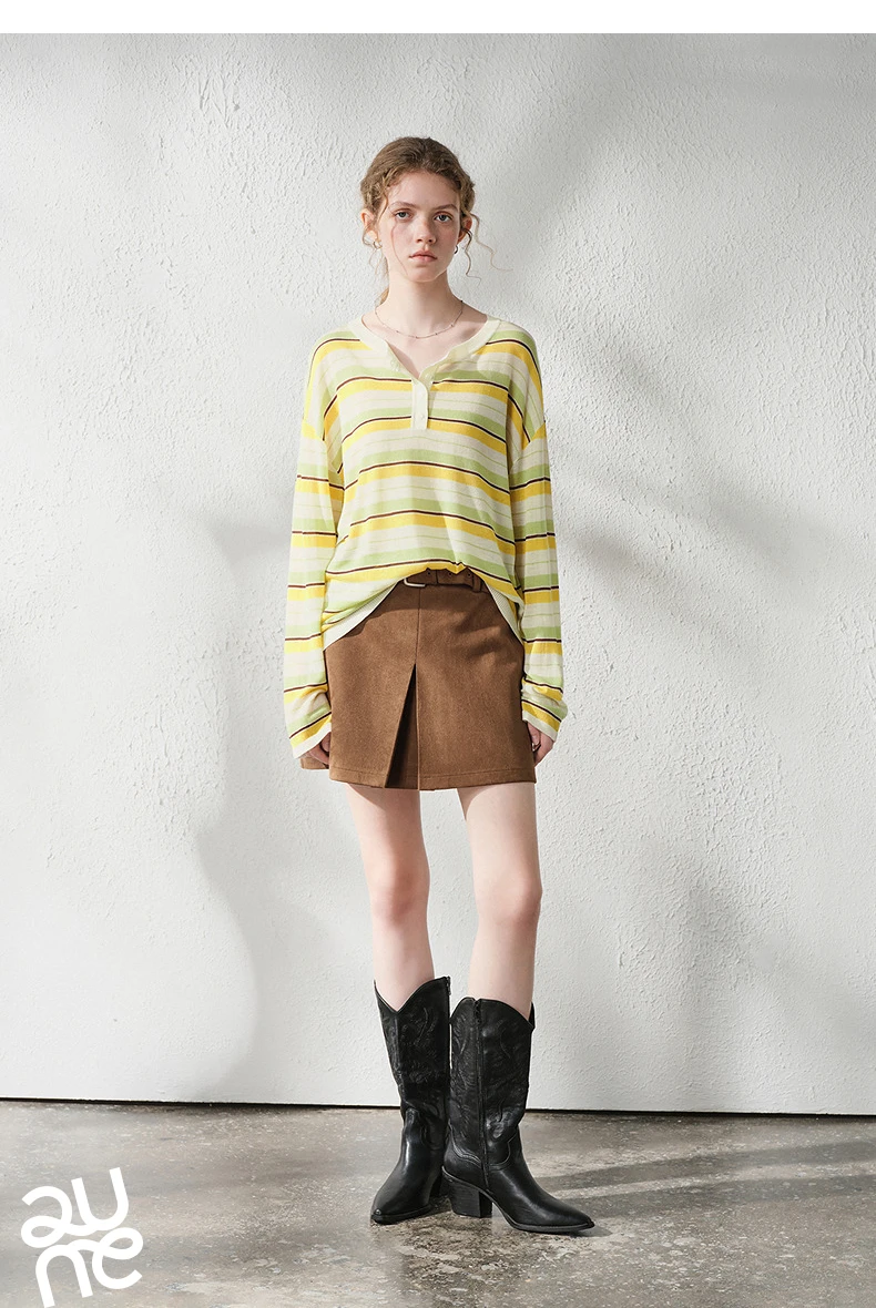 TOYOUTH Women's Linen Knit Top 2026 Autumn New Breathable Cloud Like Striped Intellectual Blouse