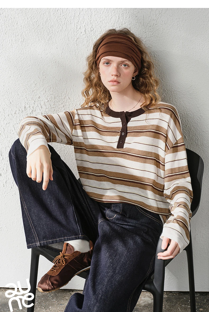 TOYOUTH Women's Linen Knit Top 2026 Autumn New Breathable Cloud Like Striped Intellectual Blouse