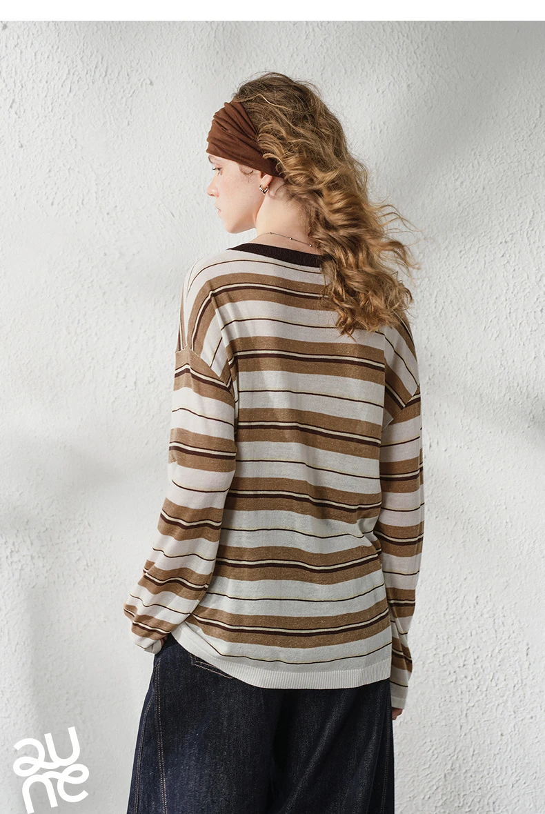 TOYOUTH Women's Linen Knit Top 2026 Autumn New Breathable Cloud Like Striped Intellectual Blouse