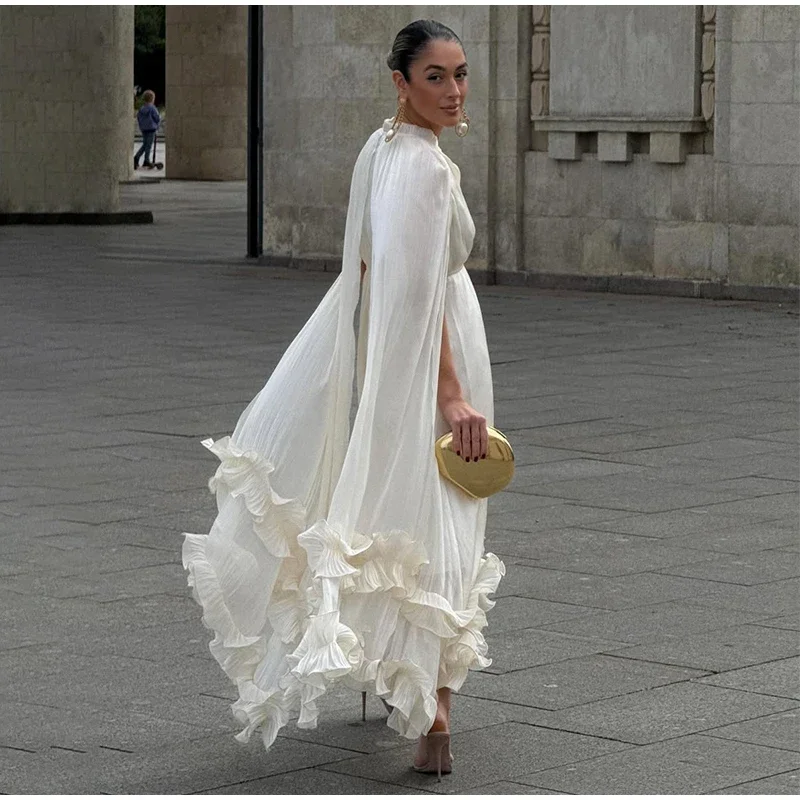 Women Solid White Ruffle Maxi Dress Fashion Lace Pleated Sleeveless Off-shoulder Long Dresses Lady 2026 Summer Holiday Robes Ne