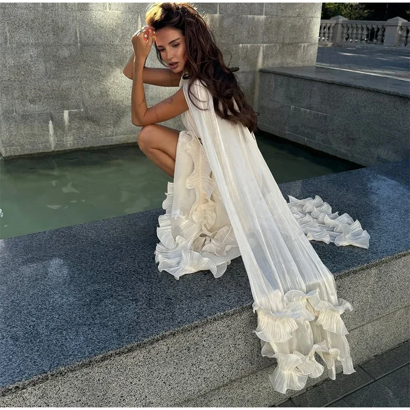 Women Solid White Ruffle Maxi Dress Fashion Lace Pleated Sleeveless Off-shoulder Long Dresses Lady 2026 Summer Holiday Robes Ne