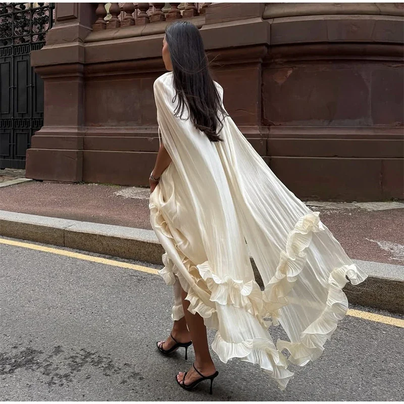Women Solid White Ruffle Maxi Dress Fashion Lace Pleated Sleeveless Off-shoulder Long Dresses Lady 2026 Summer Holiday Robes Ne