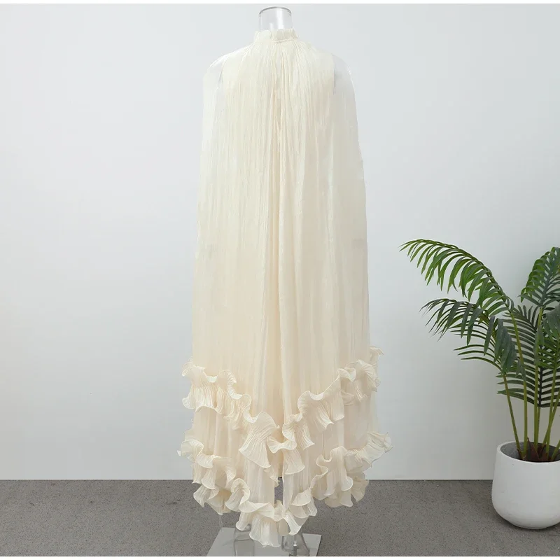 Women Solid White Ruffle Maxi Dress Fashion Lace Pleated Sleeveless Off-shoulder Long Dresses Lady 2026 Summer Holiday Robes Ne