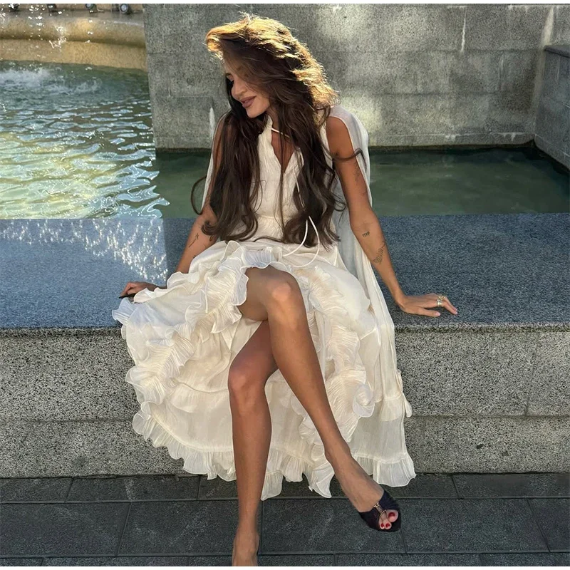 Women Solid White Ruffle Maxi Dress Fashion Lace Pleated Sleeveless Off-shoulder Long Dresses Lady 2026 Summer Holiday Robes Ne