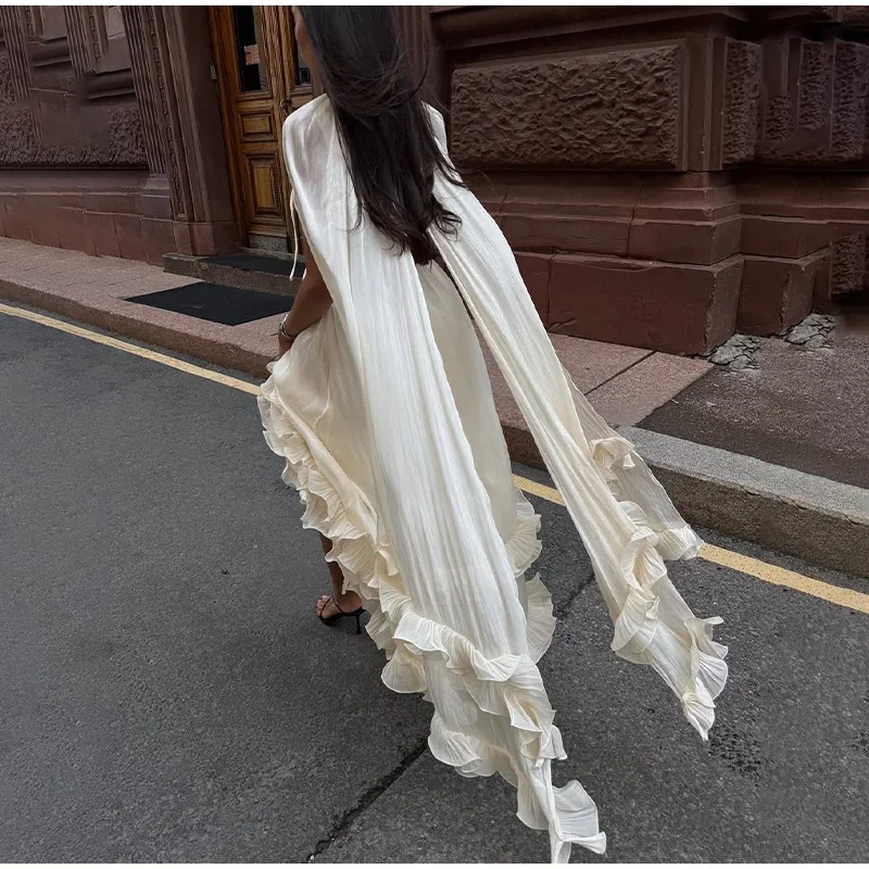 Women Solid White Ruffle Maxi Dress Fashion Lace Pleated Sleeveless Off-shoulder Long Dresses Lady 2026 Summer Holiday Robes Ne