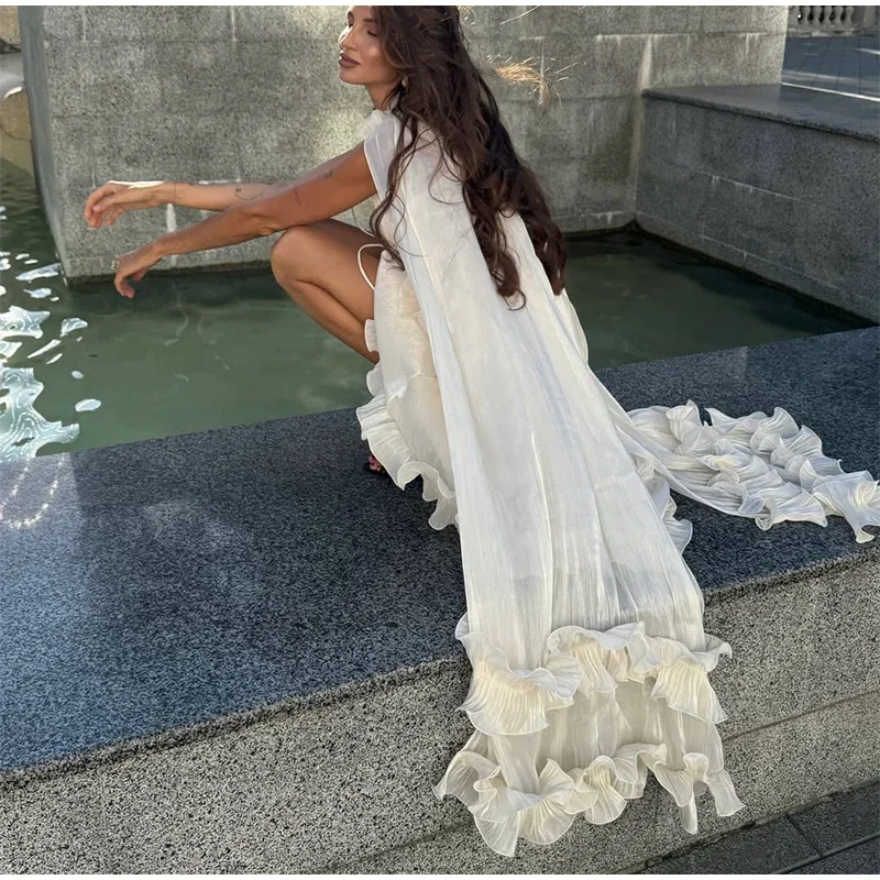 Women Solid White Ruffle Maxi Dress Fashion Lace Pleated Sleeveless Off-shoulder Long Dresses Lady 2026 Summer Holiday Robes Ne