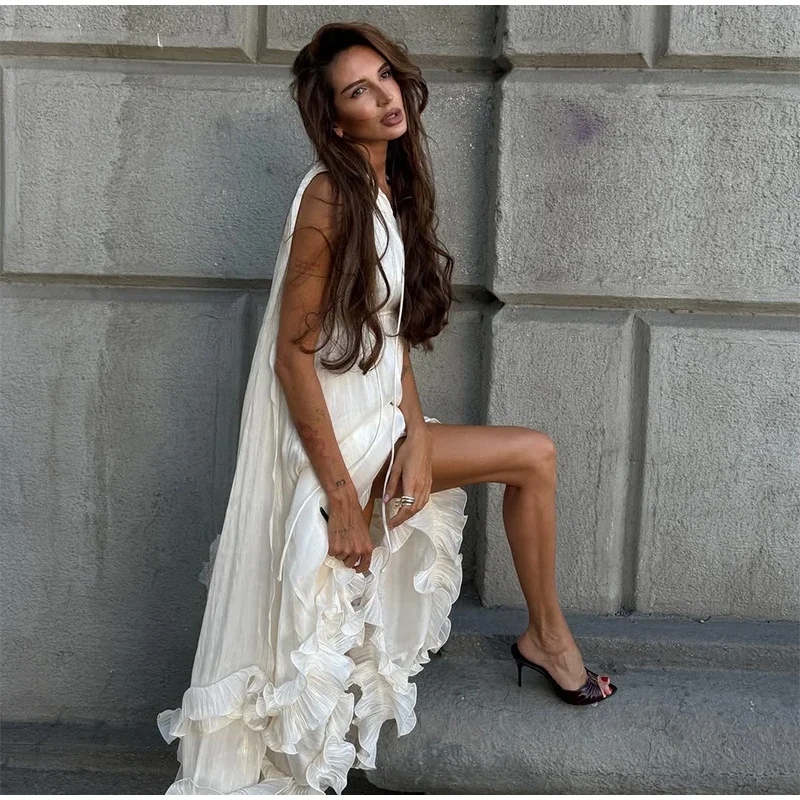 Women Solid White Ruffle Maxi Dress Fashion Lace Pleated Sleeveless Off-shoulder Long Dresses Lady 2026 Summer Holiday Robes Ne