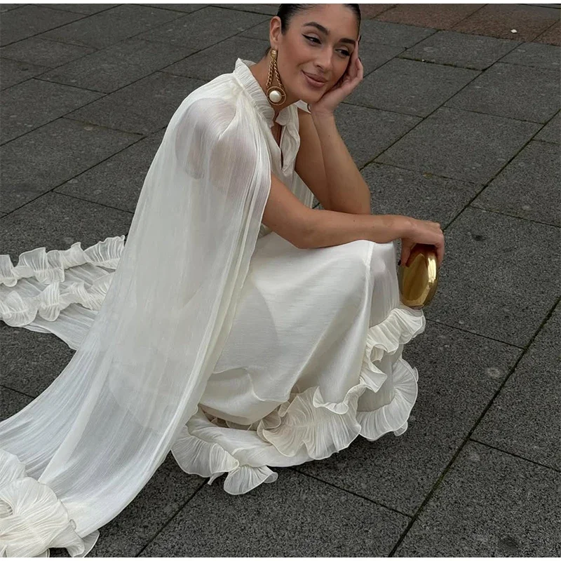 Women Solid White Ruffle Maxi Dress Fashion Lace Pleated Sleeveless Off-shoulder Long Dresses Lady 2026 Summer Holiday Robes Ne