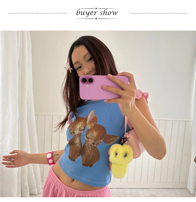 Karrram Japanese Y2k Deer Print T-shirt 2000s Cutecore Short Sleeve Patchwork Tops Vintage Harajuku Puff Sleeves T Shirt Kawaii