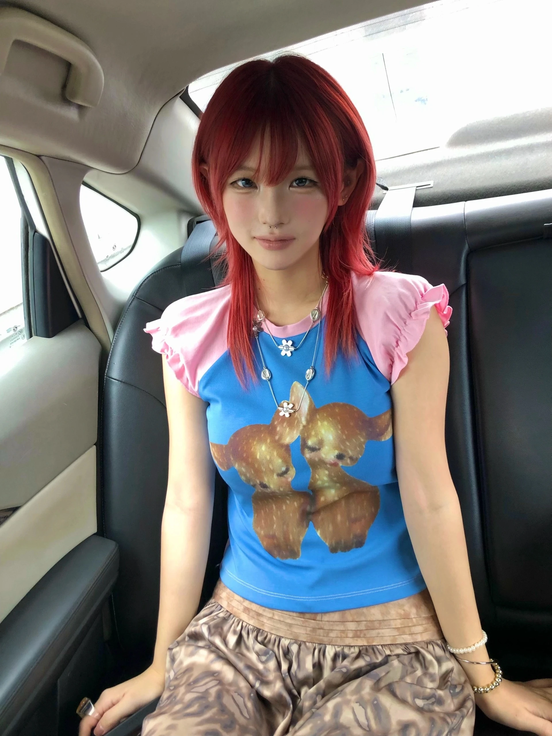 Karrram Japanese Y2k Deer Print T-shirt 2000s Cutecore Short Sleeve Patchwork Tops Vintage Harajuku Puff Sleeves T Shirt Kawaii