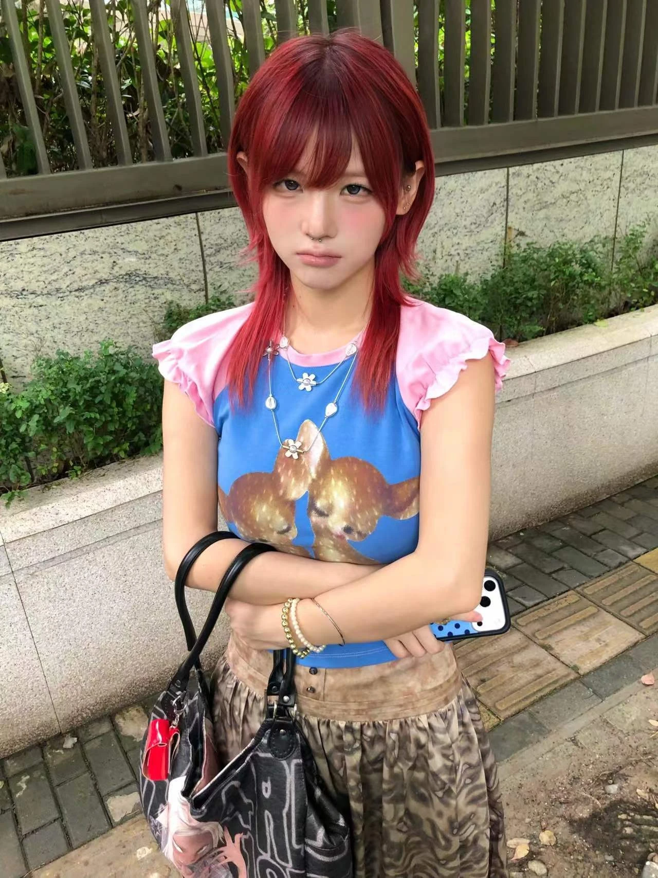 Karrram Japanese Y2k Deer Print T-shirt 2000s Cutecore Short Sleeve Patchwork Tops Vintage Harajuku Puff Sleeves T Shirt Kawaii