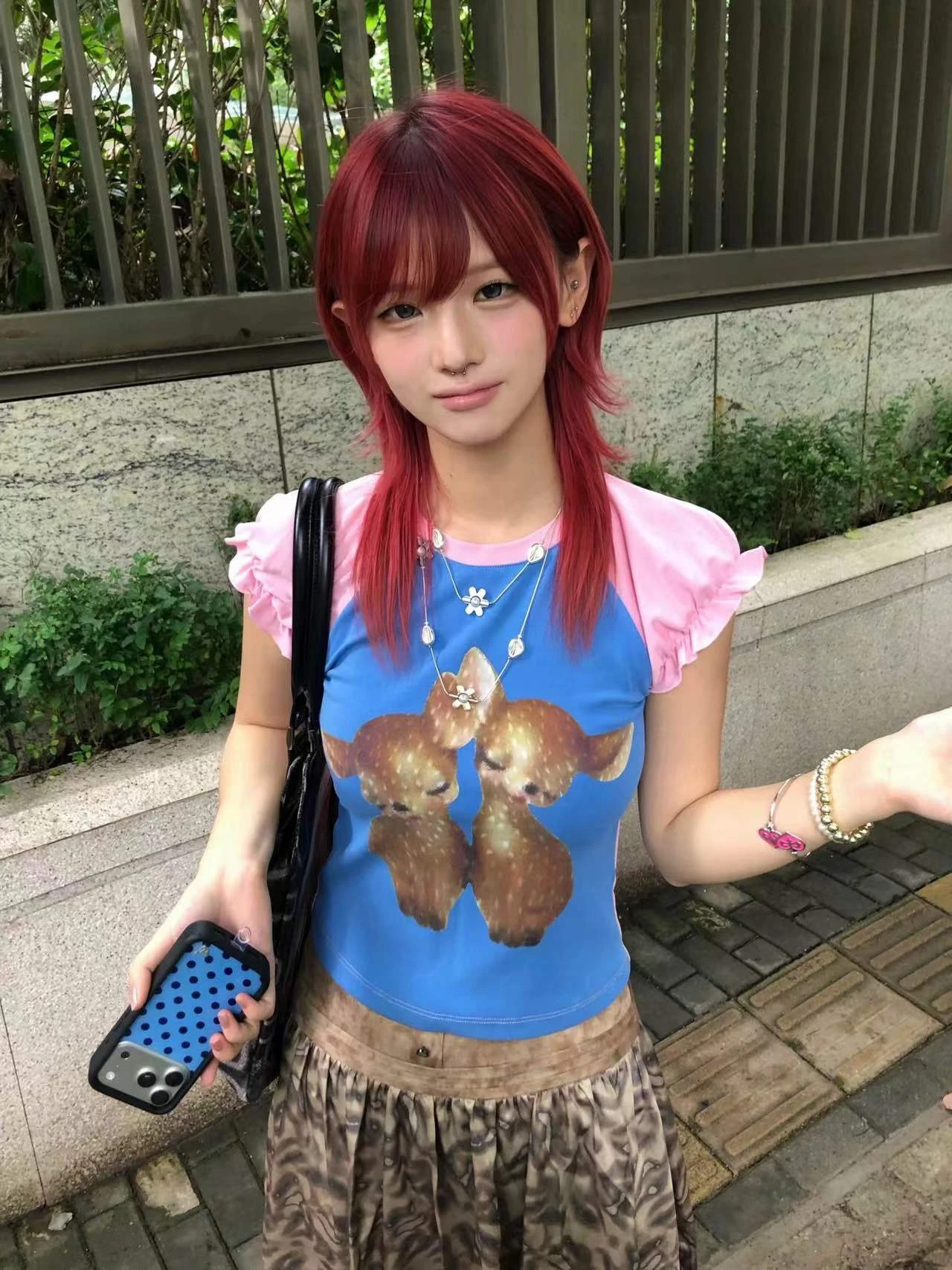 Karrram Japanese Y2k Deer Print T-shirt 2000s Cutecore Short Sleeve Patchwork Tops Vintage Harajuku Puff Sleeves T Shirt Kawaii