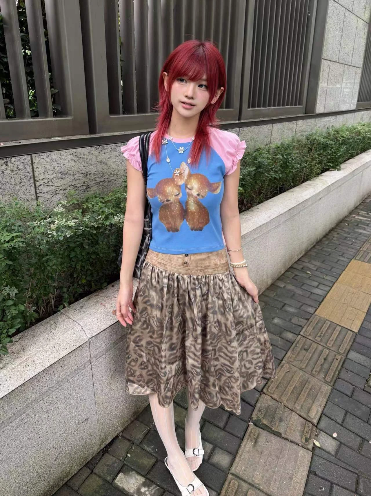 Karrram Japanese Y2k Deer Print T-shirt 2000s Cutecore Short Sleeve Patchwork Tops Vintage Harajuku Puff Sleeves T Shirt Kawaii