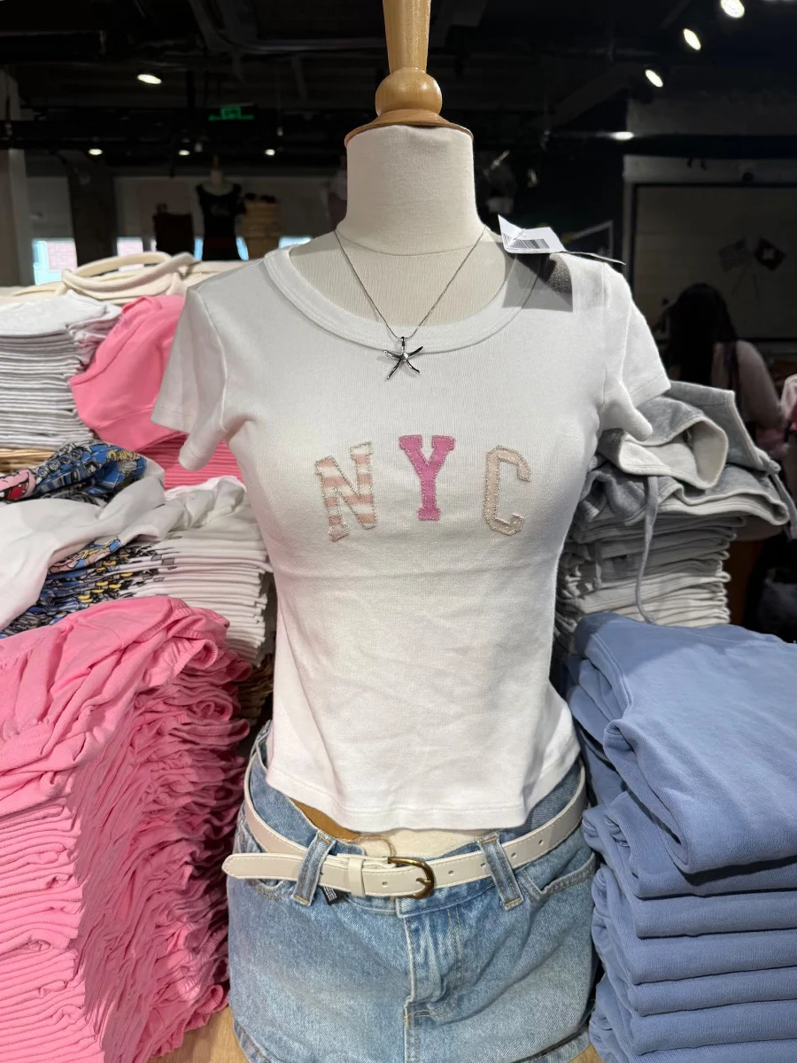 Letter Embroidery Slim Crop Top Women Summer O-neck Cotton Short Sleeve Tees Femme Casual Simple Sweet White Cropped Tshirts Y2k