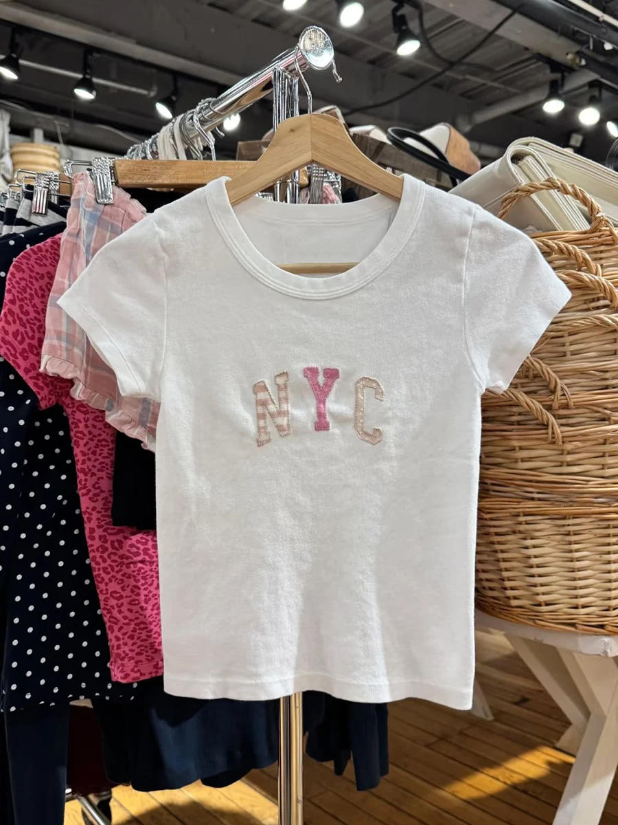 Letter Embroidery Slim Crop Top Women Summer O-neck Cotton Short Sleeve Tees Femme Casual Simple Sweet White Cropped Tshirts Y2k