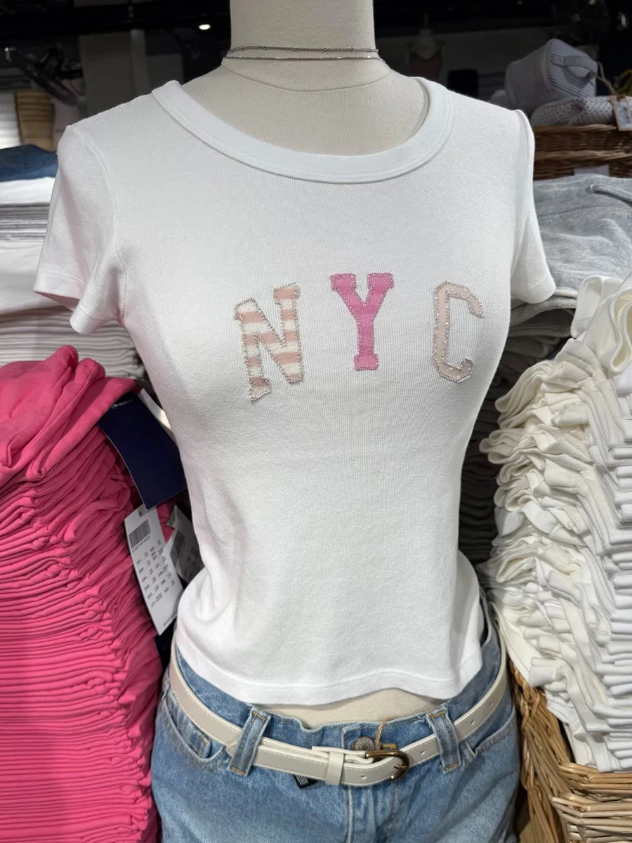 Letter Embroidery Slim Crop Top Women Summer O-neck Cotton Short Sleeve Tees Femme Casual Simple Sweet White Cropped Tshirts Y2k