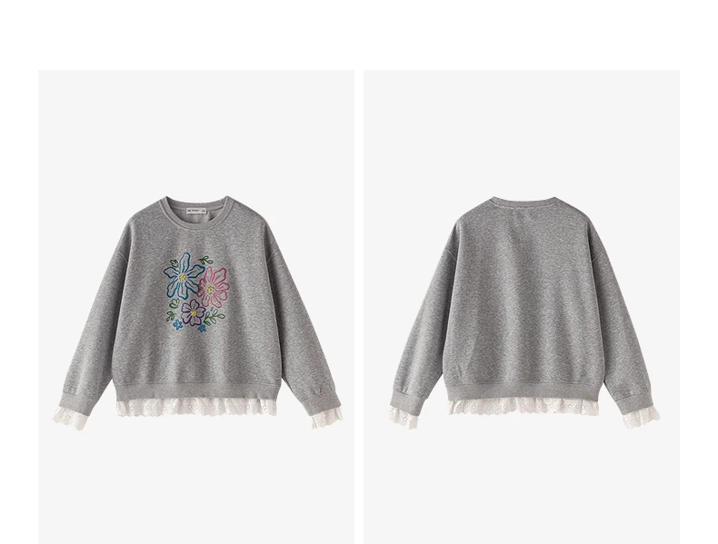 TOYOUTH Women's Sweatshirt 2026 Autumn New Floral Print Round Neck Loose Fake Two-Piece Lace Splicing Pullover Top
