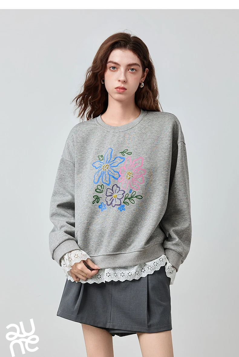 TOYOUTH Women's Sweatshirt 2026 Autumn New Floral Print Round Neck Loose Fake Two-Piece Lace Splicing Pullover Top