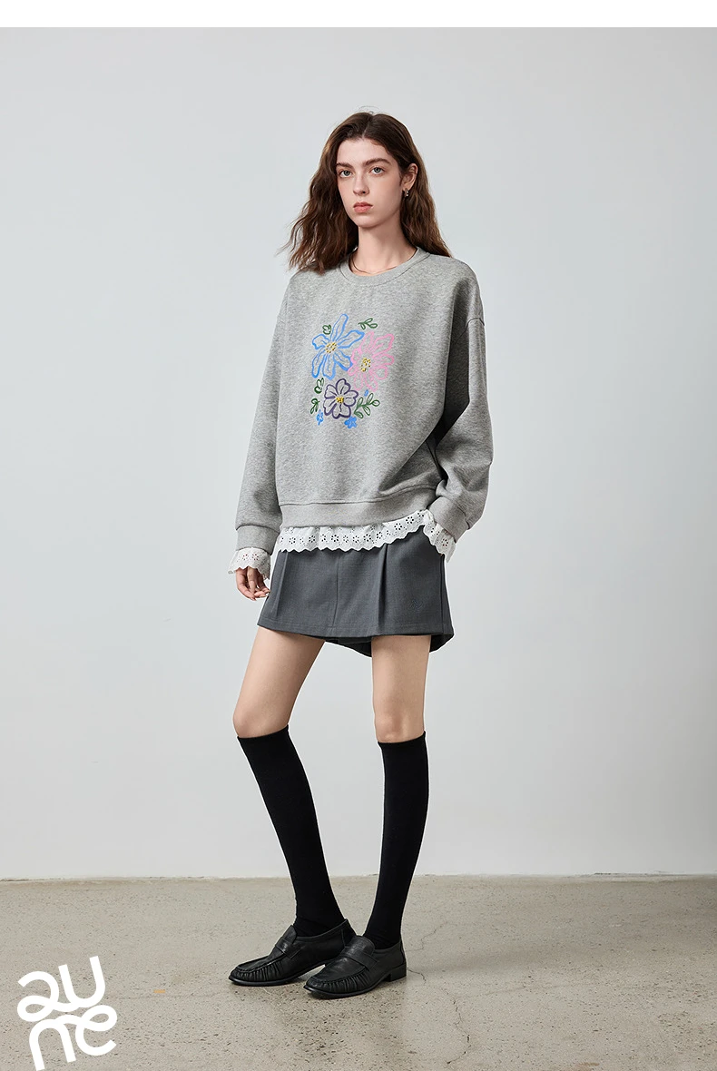 TOYOUTH Women's Sweatshirt 2026 Autumn New Floral Print Round Neck Loose Fake Two-Piece Lace Splicing Pullover Top