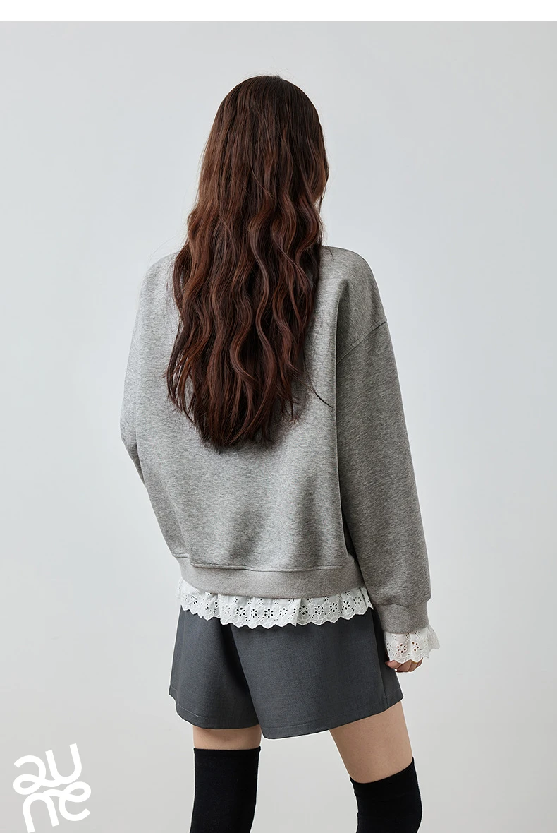TOYOUTH Women's Sweatshirt 2026 Autumn New Floral Print Round Neck Loose Fake Two-Piece Lace Splicing Pullover Top