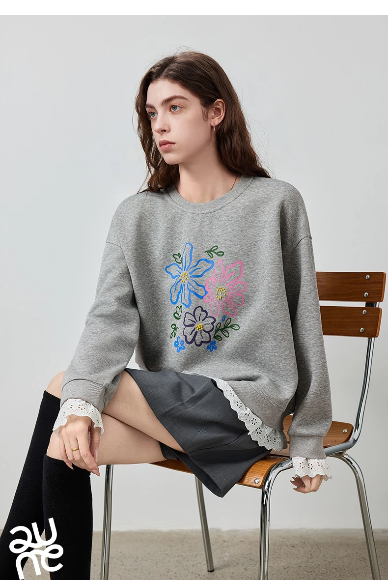 TOYOUTH Women's Sweatshirt 2026 Autumn New Floral Print Round Neck Loose Fake Two-Piece Lace Splicing Pullover Top