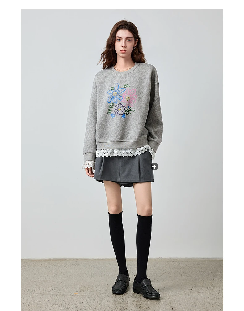 TOYOUTH Women's Sweatshirt 2026 Autumn New Floral Print Round Neck Loose Fake Two-Piece Lace Splicing Pullover Top