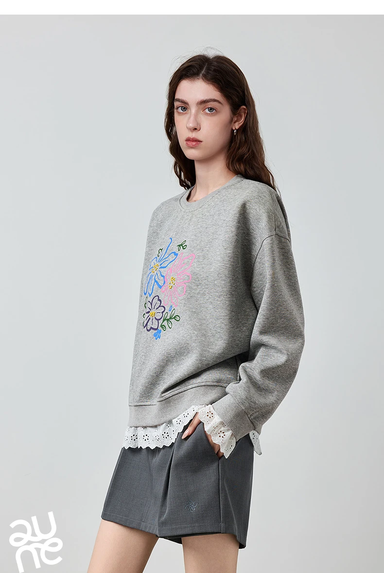 TOYOUTH Women's Sweatshirt 2026 Autumn New Floral Print Round Neck Loose Fake Two-Piece Lace Splicing Pullover Top