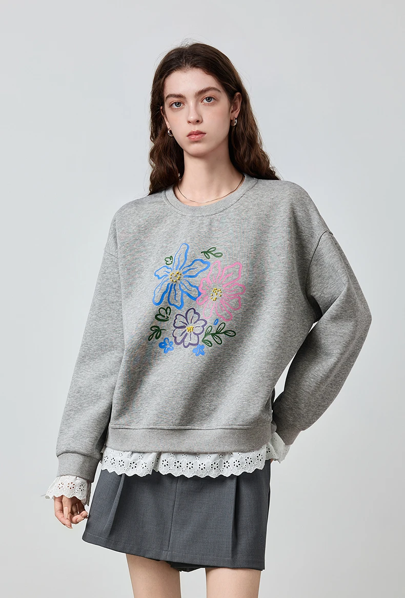 TOYOUTH Women's Sweatshirt 2026 Autumn New Floral Print Round Neck Loose Fake Two-Piece Lace Splicing Pullover Top