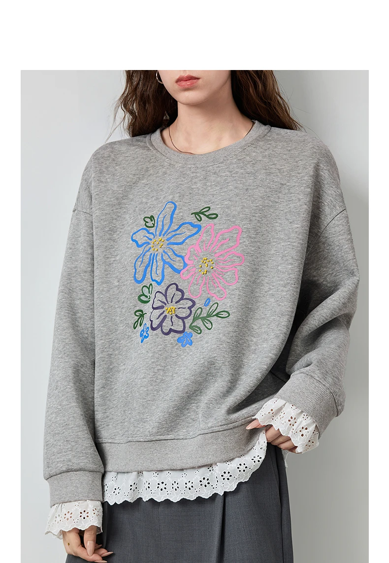 TOYOUTH Women's Sweatshirt 2026 Autumn New Floral Print Round Neck Loose Fake Two-Piece Lace Splicing Pullover Top