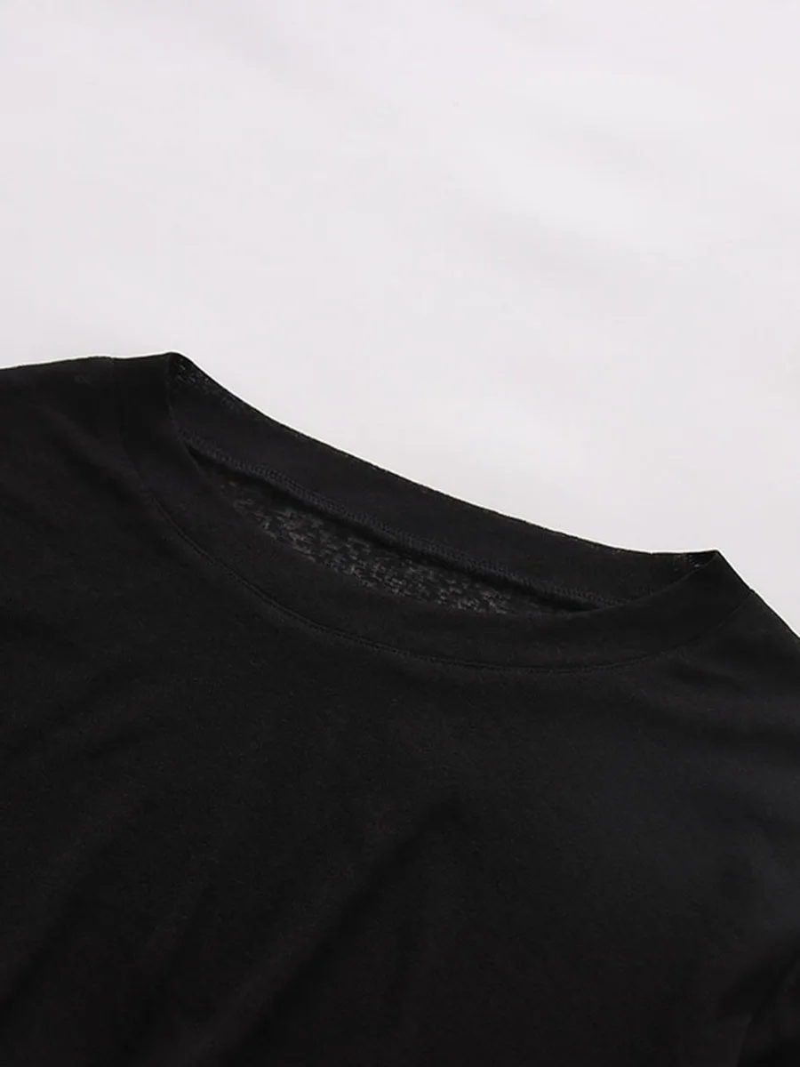 TWOTWINSTYLE Black Loose Spliced Folds Chic T Shirts for Women O Neck Long Sleeve Irregular Design T Shirt Female Summer Fashion