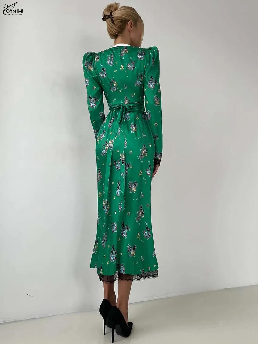 Oymimi Fashion Green Print Dresses For Women Elegant V-Neck Long Sleeve Lace Dresses Summer Patchwork Pockets Mid-Calf Dress