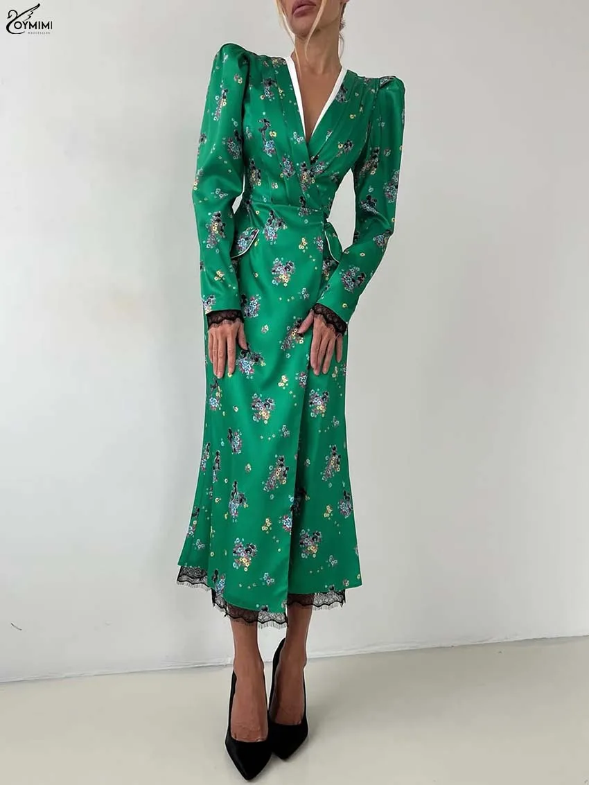 Oymimi Fashion Green Print Dresses For Women Elegant V-Neck Long Sleeve Lace Dresses Summer Patchwork Pockets Mid-Calf Dress