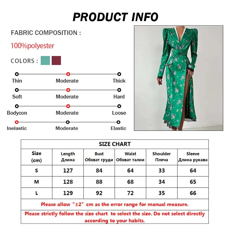 Oymimi Fashion Green Print Dresses For Women Elegant V-Neck Long Sleeve Lace Dresses Summer Patchwork Pockets Mid-Calf Dress