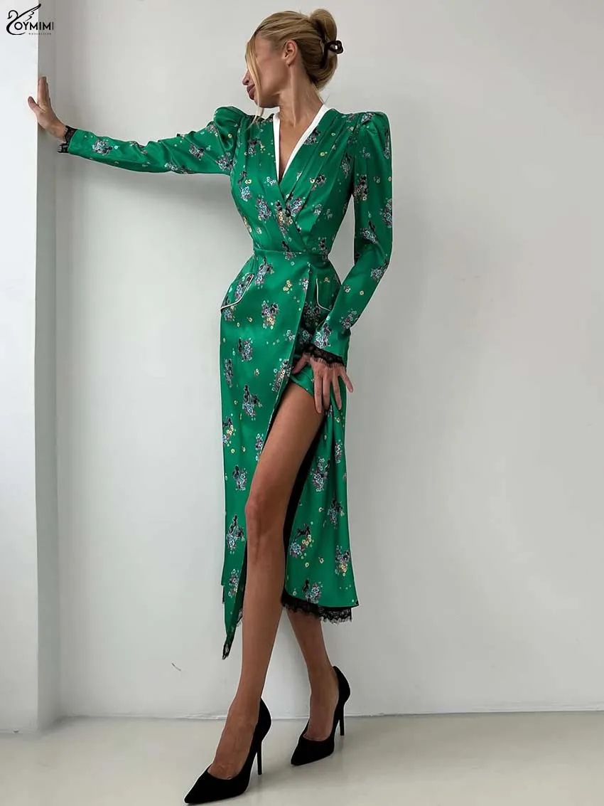 Oymimi Fashion Green Print Dresses For Women Elegant V-Neck Long Sleeve Lace Dresses Summer Patchwork Pockets Mid-Calf Dress