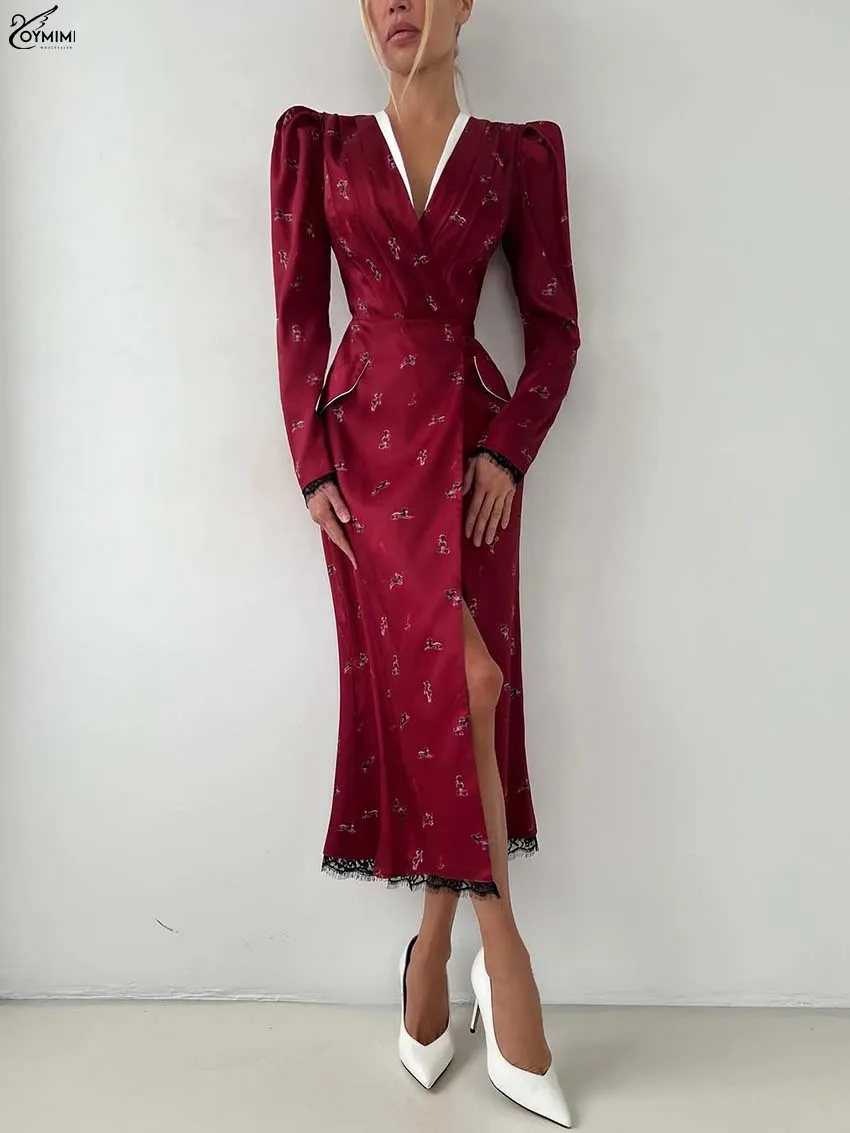 Oymimi Fashion Green Print Dresses For Women Elegant V-Neck Long Sleeve Lace Dresses Summer Patchwork Pockets Mid-Calf Dress