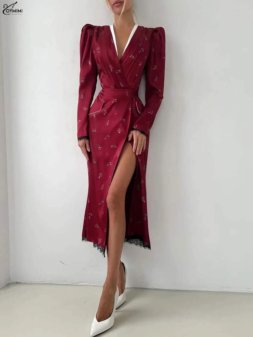 Oymimi Fashion Green Print Dresses For Women Elegant V-Neck Long Sleeve Lace Dresses Summer Patchwork Pockets Mid-Calf Dress