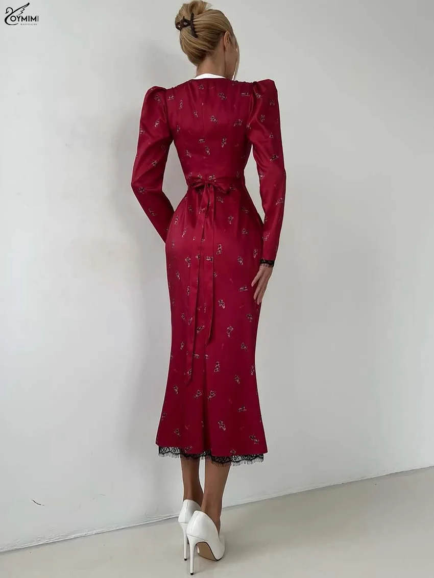Oymimi Fashion Green Print Dresses For Women Elegant V-Neck Long Sleeve Lace Dresses Summer Patchwork Pockets Mid-Calf Dress