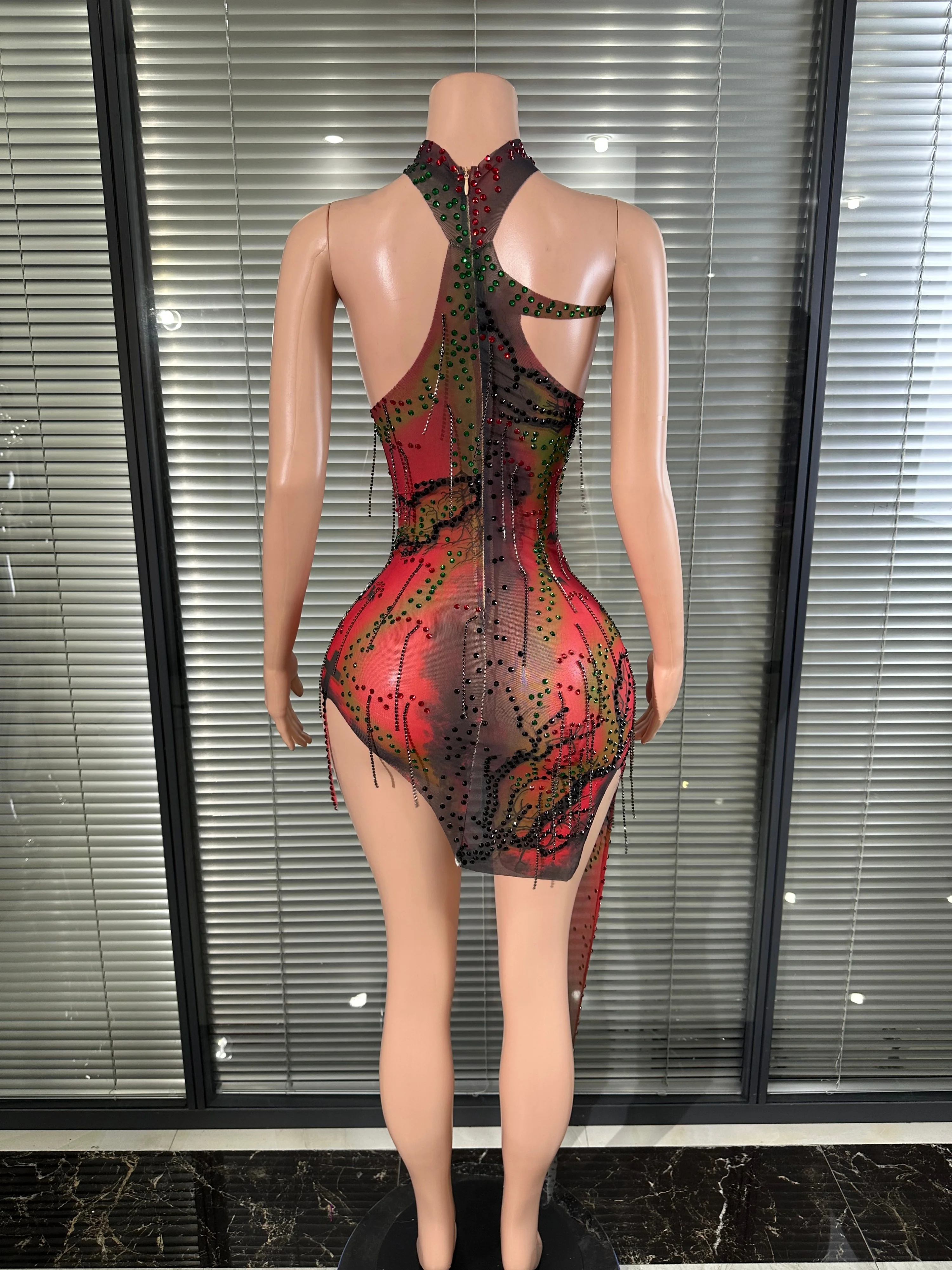 Luxurious Red Gradient Sequined High-Neck Sheer Dress, Asymmetrical Skirt Party Dress, Suitable for Bar, Dancers' Performances