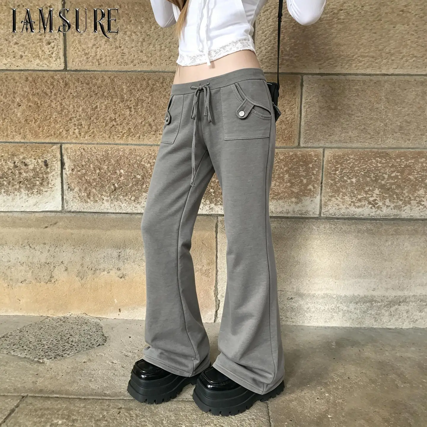 Women Y2K Low Waist Flare Sweatpants Grey Baggy Wide Leg Jogger Pants Drawstring High Street Casual Pocket Sweatpants Fashion